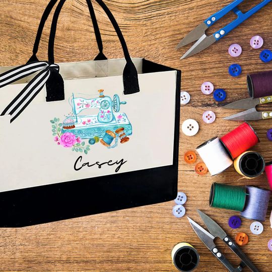 Personalized Sewing Machine Cotton Canvas Tote Bag - Custom Quilting Tote - Gift for Sewing Lover Gift for Grandma Aunt - Knitting Tote Bag