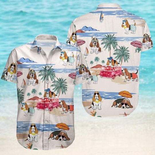 Discover Basset Hound Button Shirt, Cute Dog Hawaiian Shirt, Funny Animal Shirt, Pet Lovers Shirt, Family Vacation Shirt, Gift For Friends