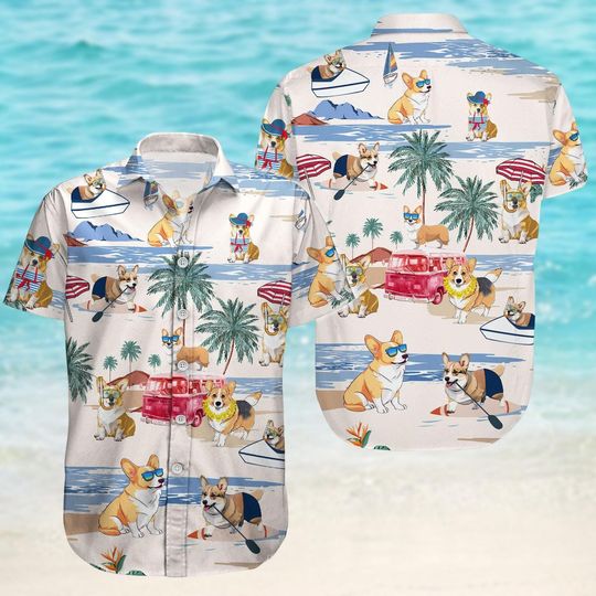 Discover Cute Corgi Button Shirt, Funny Dog Hawaiian Shirt, Animal Shirt, Short Sleeve Shirt, Family Vacation Summer Shirt, Pet Lovers Gift
