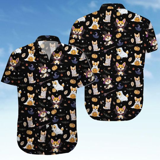 Corgi Button Shirt, Funny Dog Hawaiian Shirt, Cute Animal Shirt, Short Sleeve Shirt, Family Vacation Summer Shirt, Pet Lovers Gift