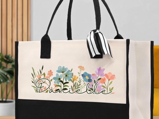 Personalized Flowers Tote Bag with Name - Custom Floral Bag for Women, Teacher Gift Bag, Mom Gift, Grandma Gift, Mother's Day Shopping Bag
