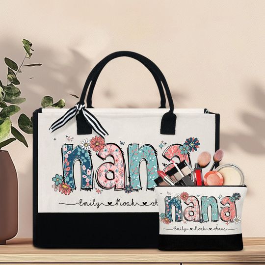 Discover Personalized Mother's Day Gift For Nana, Custom Nana Flowers With Kids Name Canvas Tote Bag, Gift For Grandma, Custom Floral Makeup Bag Gift