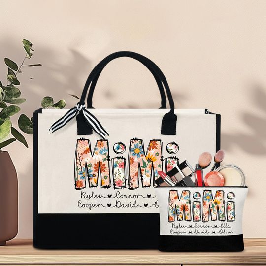 Personalized Mother's Day Gift For Mimi, Custom Mimi Flowers With Kids Name Canvas Tote Bag, Gift For Grandma, Custom Mimi Makeup Bag Gift