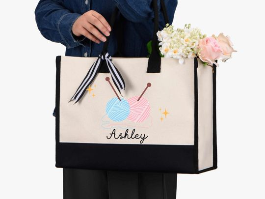 Personalized Knitting Tote Bag for Crochet Projects, Gift for Mom or Grandma, Stylish Crochet Bag, Knitting Lover Gift, Handmade Tote Bag