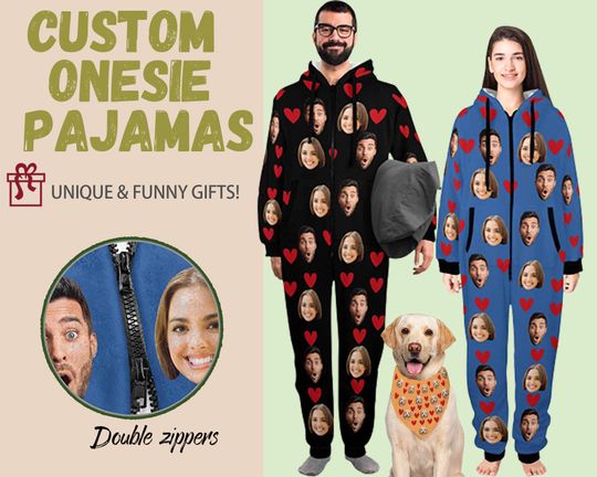 Discover Custom Onesie Pajamas Lovers Adult Customize Zipper One-Piece Pajamas Personalized Face PJS with Photo Couples Onsies PJS Christmas Gift