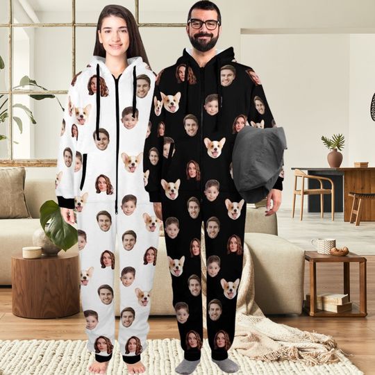 Custom Face Hooded Pajamas,Custom dog face Pajamas/Dog Shirt,Personalized Zipper One-Piece Pajamas,Custom Christmas gifts