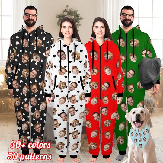 Customize Adult Zipper One-Piece Pajamas with Face,Custom Pet Face Pjamas,Personalized Hooded Pajamas with Family Face,Mothday's day gifts