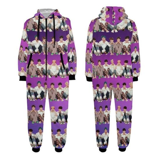 BTS Stripes Purple Unisex Adult One Piece Onesie Pajamas - K-Pop Inspired Sleepwear Loungewear - Jin Jimin JHope JungKook Suga RM V - Lounge