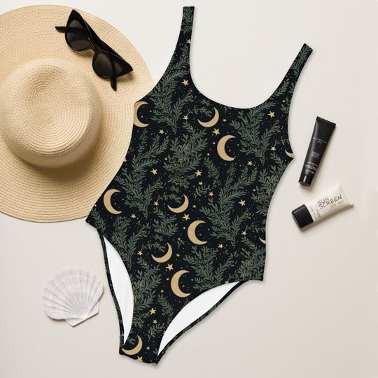 Floral Crescent Moon and Stars Bathing Suit, witchy One Piece, Witchcore Swimsuit, Fairyscore One-Piece Swimsuit