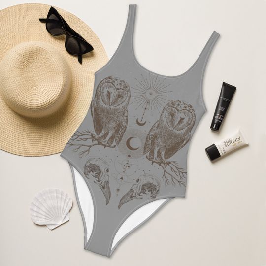 Owl and Crow One-Piece Swimsuit/ Bodysuit/ Witchy One Piece/ Witchcore Bathing Suit