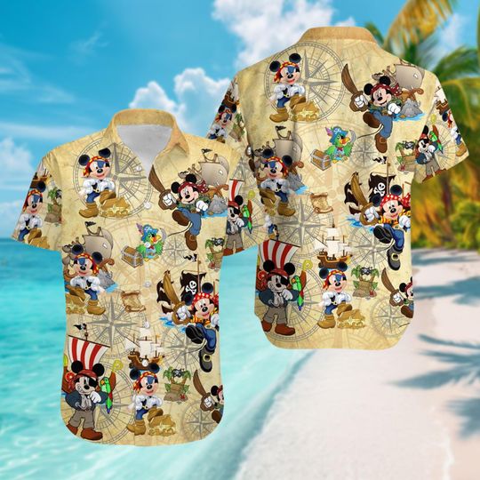 Discover Disneyland Mickey Mouse Pirates of The Caribbean Treasure Map Hawaiian Shirt, Disney Mickey Mouse Button Up Shirt, Summer Beach Hawaii Shirt