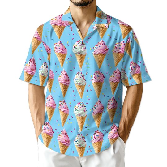 Vintage Ice Cream Hawaiian Shirt For Men, Tropical Vacation Shirt, Lightweight Summer Beachwear, Short-Sleeve Button-Up