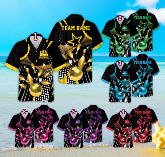 Personalized Name Starburst Dot Pattern Bowling Hawaiian Shirt, Custom Color Bowling Button Up Shirt, Matching Bowling Team Shirt For Bowler