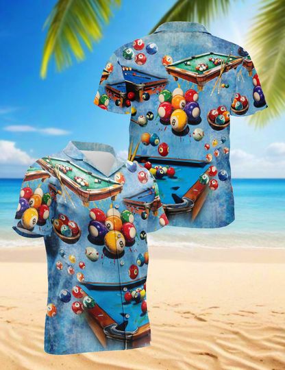 Playing Pool With Billiards Blue Hawaiian Shirt For Men, Tropical Vacation Shirt, Lightweight Summer Beachwear, Short-Sleeve Button-Up