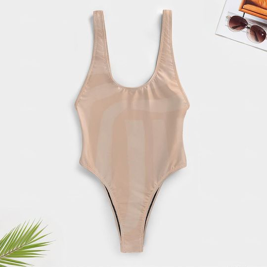 High-Cut One Piece Swimsuit Beige
