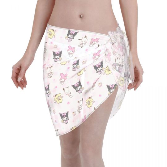 Sanrio Kuromi Sarong Wraps for Women Swimsuit Coverup Sheer Beach Bathing Suit Chiffon Cover Up Skirt for Swimwear