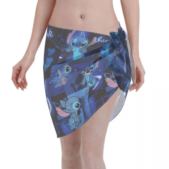 Stitch Women Beach Sarongs Sheer Cover Postal Service Chiffon Bikini Wrap Skirt for Swimwear
