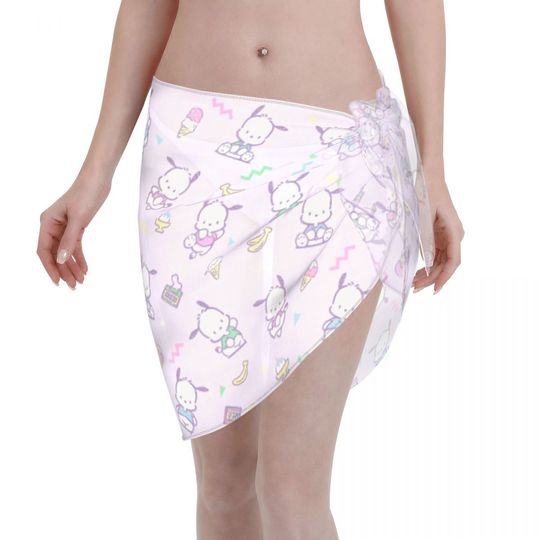 Pochacco Sanrio Swimsuit Coverups for Women Sarong Beach Bikini Wrap Sheer Short Skirt Chiffon Scarf for Swimwear