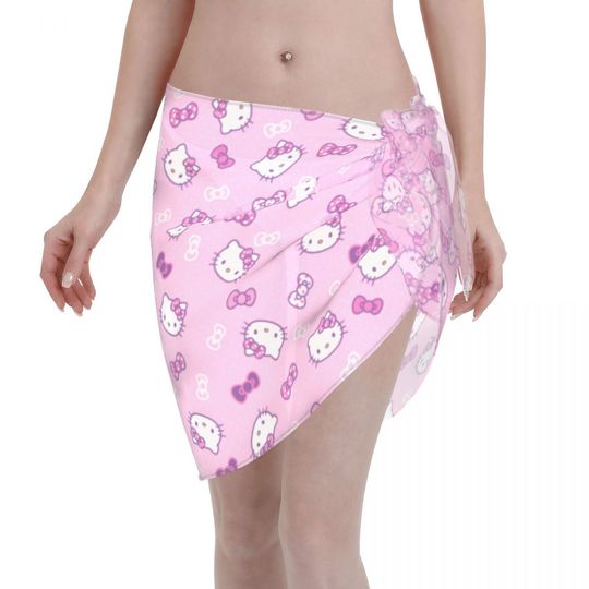 Sanrio Hello Kitty Women Beach Sarongs Sheer Cover Postal Service Chiffon Kitty White Bikini Wrap Skirt for Swimwear