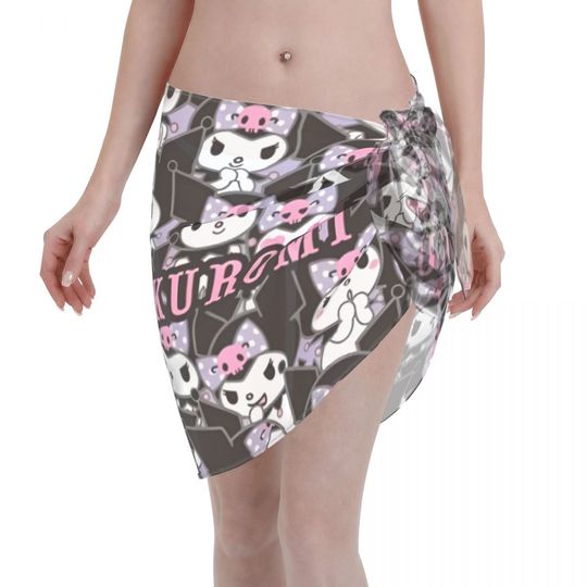 Sanrio Kuromi Women Beach Sarongs Sheer Cover Postal Service Chiffon Bikini Wrap Skirt for Swimwear