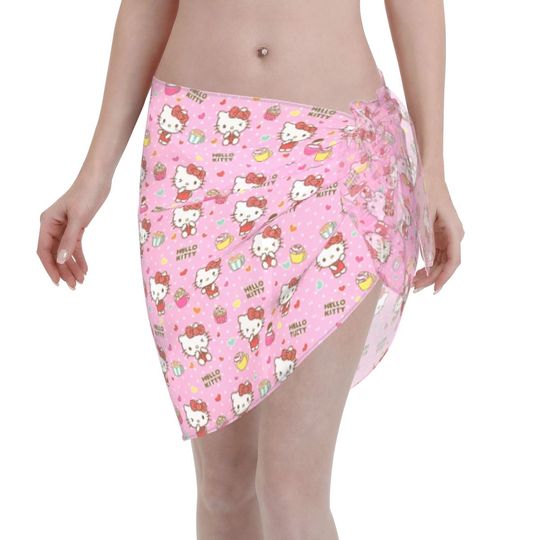 Women Sanrio Character Hello Kitty Beach Sarong Bathing Suit Wrap Skirt Sheer Bikini Swimsuit Cover Postal Service for Swimwear