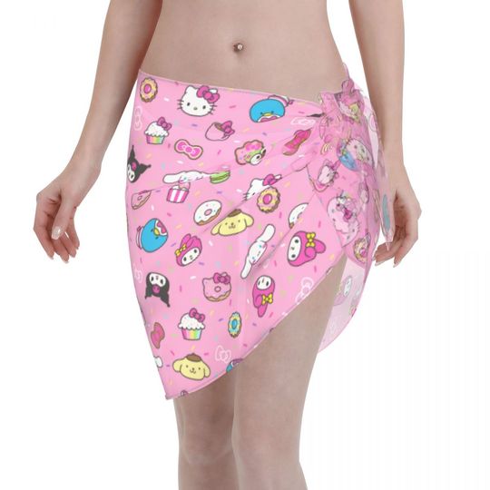 Women Sanrio Characters Beach Sarong Bathing Suit Hello Kitty Kuromi Wrap Skirt Sheer Bikini Swimsuit Cover Postal Service for Swimwear