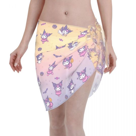 Women Sanrio Cute Kuromi Beach Sarong Bathing Suit Cartoon Wrap Skirt Sheer Bikini Swimsuit Cover Postal Service for Swimwear