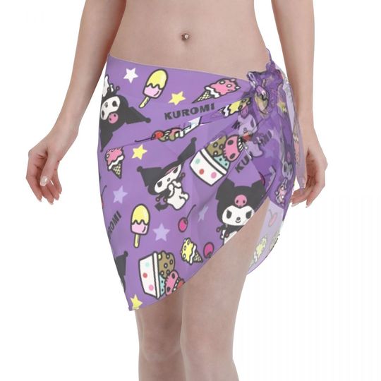 Women Kuromi Kawaii Cute Beach Sarong Bathing Suit Wrap Skirt Sheer Bikini Swimsuit Cover Postal Service for Swimwear