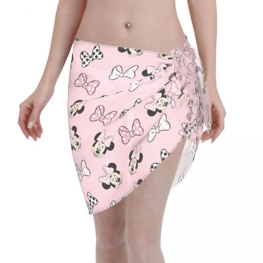 Women Pink Minnie And Bow Knot Beach Sarong Bathing Suit Wrap Skirt Sheer Bikini Swimsuit Cover Postal Service for Swimwear