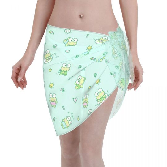 Women Sanrio Keroppi Frog Beach Sarong Bathing Suit Wrap Skirt Sheer Bikini Swimsuit Cover Postal Service for Swimwear