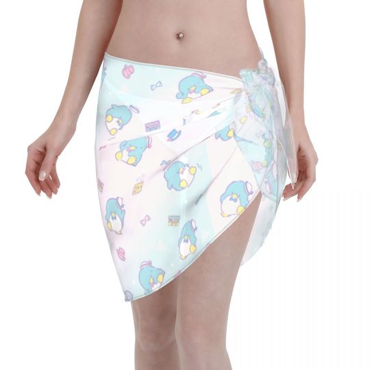 Sanrio Tuxedo Sam Women Beach Sarongs Sheer Cover Postal Service Chiffon Cartoon Penguin Bikini Wrap Skirt for Swimwear