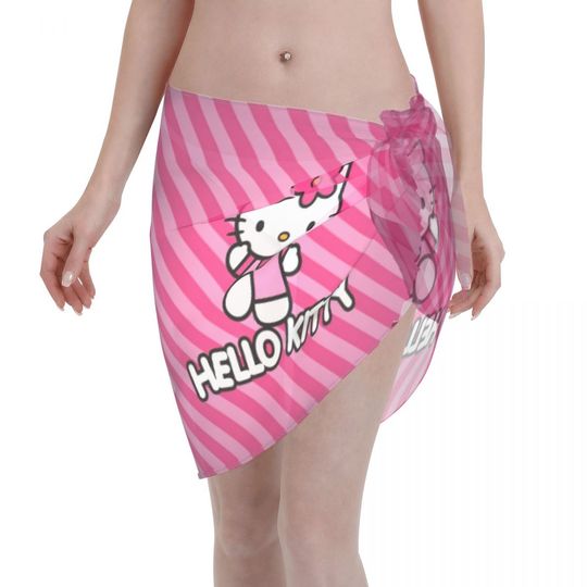 Pink Hello Kitty Swimsuit Coverups for Women Sarong Beach Bikini Wrap Sheer Short Skirt Chiffon Scarf for Swimwear
