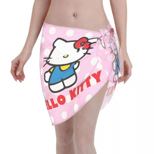 Hello Kitty Catoon Cat Sarong Wraps for Women Swimsuit Coverup Sheer Beach Bathing Suit Chiffon Cover Up Skirt for Swimwear