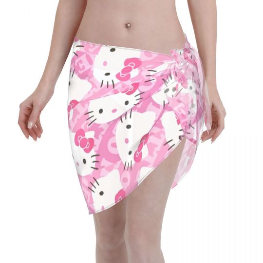 Hello Kitty Swimsuit Coverups for Women Sarong Beach Bikini Wrap Sheer Short Skirt Chiffon Scarf for Swimwear