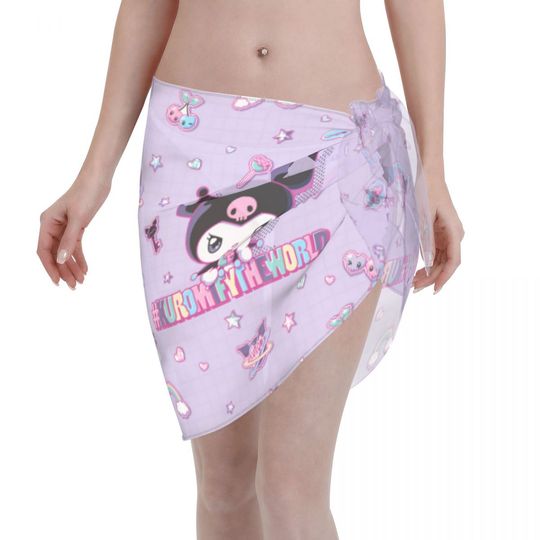 Sanrio Kuromi Sarong Wraps for Women Swimsuit Coverup Sheer Beach Bathing Suit Chiffon Cover Up Skirt for Swimwear