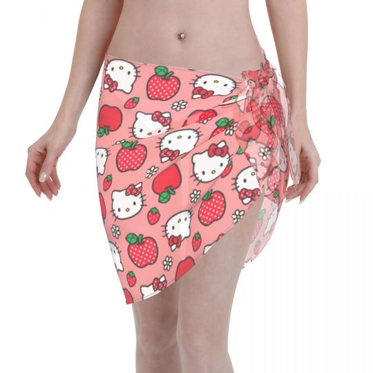 Women Sanrio Cute Hello Kitty Beach Sarong Bathing Suit Sanrio Cartoon Wrap Skirt Sheer Bikini Swimsuit Cover Postal Service for Swimwear