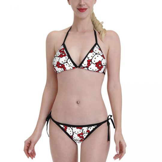 Summer Women's Hello Kitty Head Bikini Two Piece Swimsuit Sexy Ribbed Triangle Top Bathing Suits String Bikini Sets