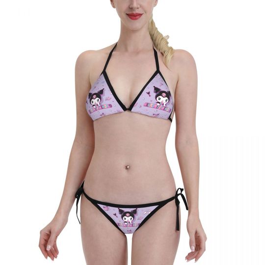 Summer Women's Sanrio Kuromi Bikini Two Piece Swimsuit Sexy Ribbed Triangle Top Bathing Suits String Bikini Sets
