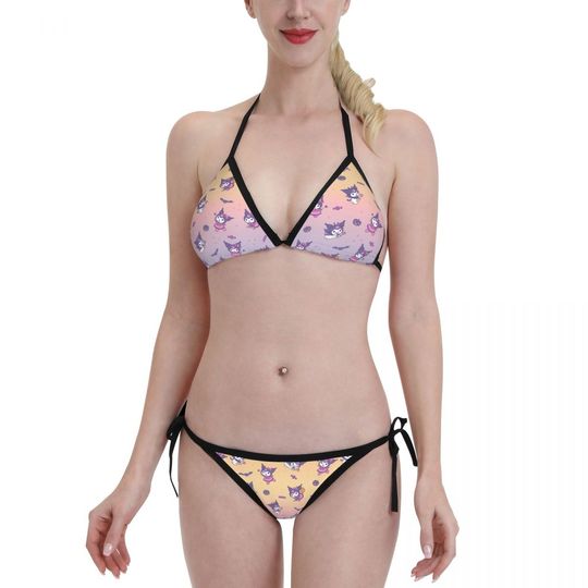 Women Sanrio Cute Kuromi String Bikini Set Halter Side Tie Summer Beach Two Piece Cartoon Swimsuit Triangle Bathing Suits