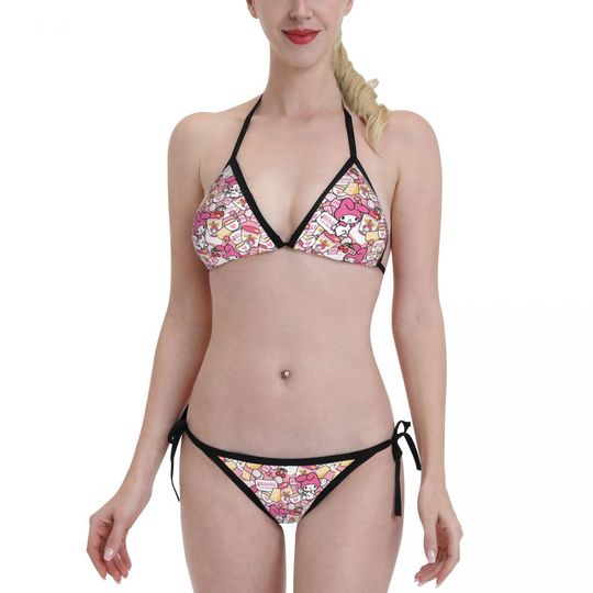 Women Sanrio Character Triangle Bikini Sets Halter Two Piece Sexy Swimsuit String Tie Side Bathing Suit