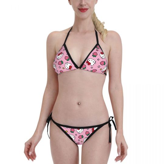 Women Hello Kitty 2 Piece Bikini Swimsuit Sexy Swimwear Halter String Triangle Bikini Sets for Pool Party