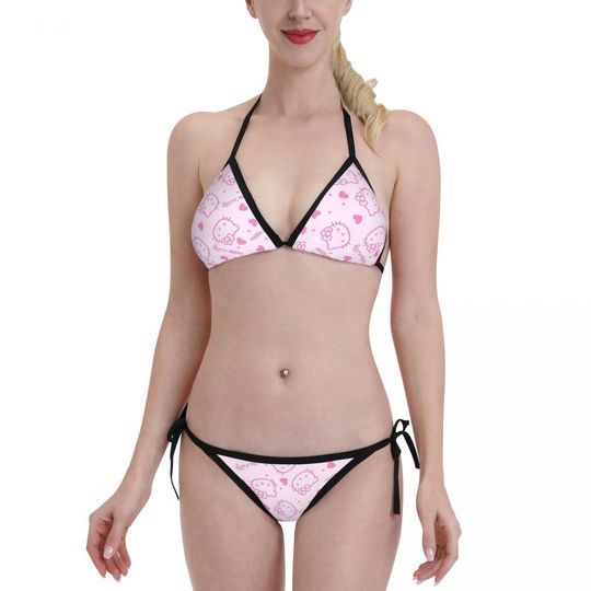 Summer Women's Hello Kitty Bikini Two Piece Swimsuit Sexy Ribbed Triangle Top Bathing Suits String Bikini Sets
