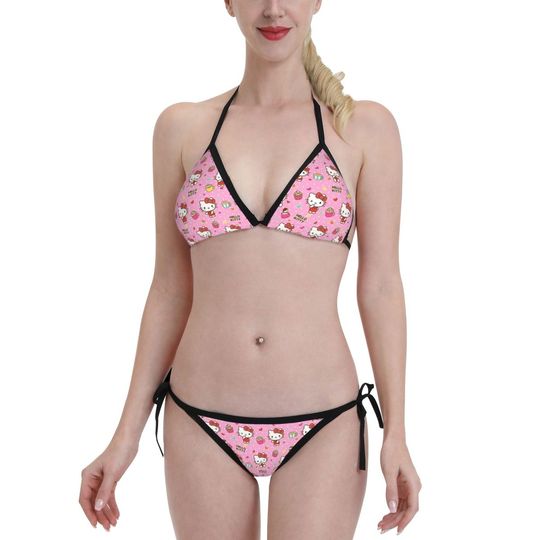 Discover Women Sanrio Character Hello Kitty String Bikini Set Halter Side Tie Summer Beach Two Piece Swimsuit Triangle Bathing Suits