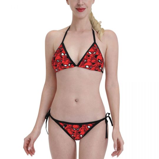 Summer Women's Spider Man Spider-Man Bikini Two Piece Swimsuit Sexy Ribbed Triangle Top Bathing Suits String Bikini Sets