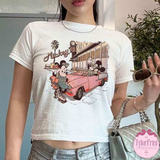 Discover Vintage Retro Disney Mickey 50's cafe shirt, Mickey Minnie retro shirt, WDW Disneyland trip tee, Baby tee Croptop shirt Girls trip tee
