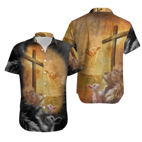 Lion Jesus Cross Sunrise Christianity Hawaiian Unisex Shirt