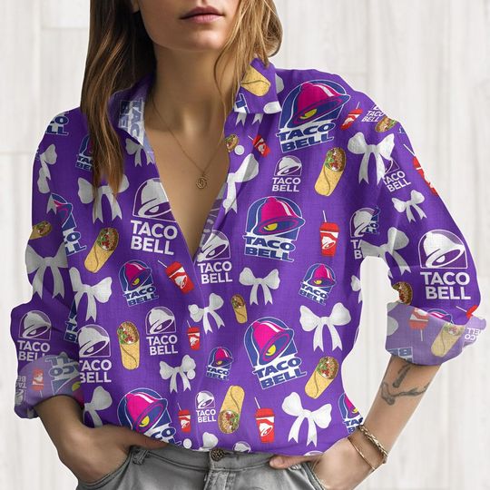 Taco Bell Linen Shirt, Tacos Coquette Women Blouses, Fast Food Long Sleeve Shirt, Taco Lover Gift, Mexican Fiesta Party Gift