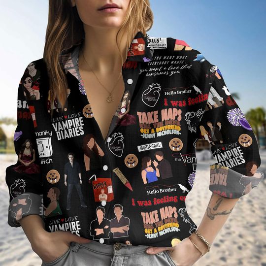 Vampire Diaries Linen Shirt, Damon Salvatore Blouse Women Shirt, Mystic Falls Women Blouses, Horror Movie Shirt, Women Shirt