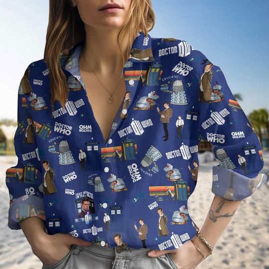 Doctor Who Linen Shirt, Dr Who Casual Shirt, Police Box Women Blouses, Doctor Who Tardis Long Sleeve Shirt, Gift For Her
