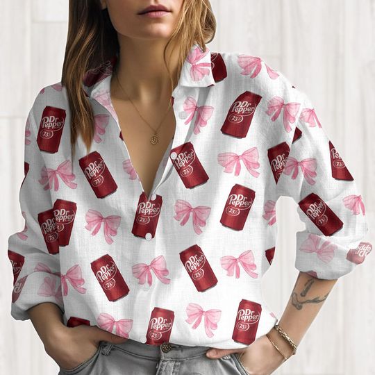 Dr Pepper Coquette Linen Shirt, Pink Bow Dr Pepper Women Shirt, Diet Dr Pepper Linen Blouse, Soda Lover Gift Idea, Gift For Her